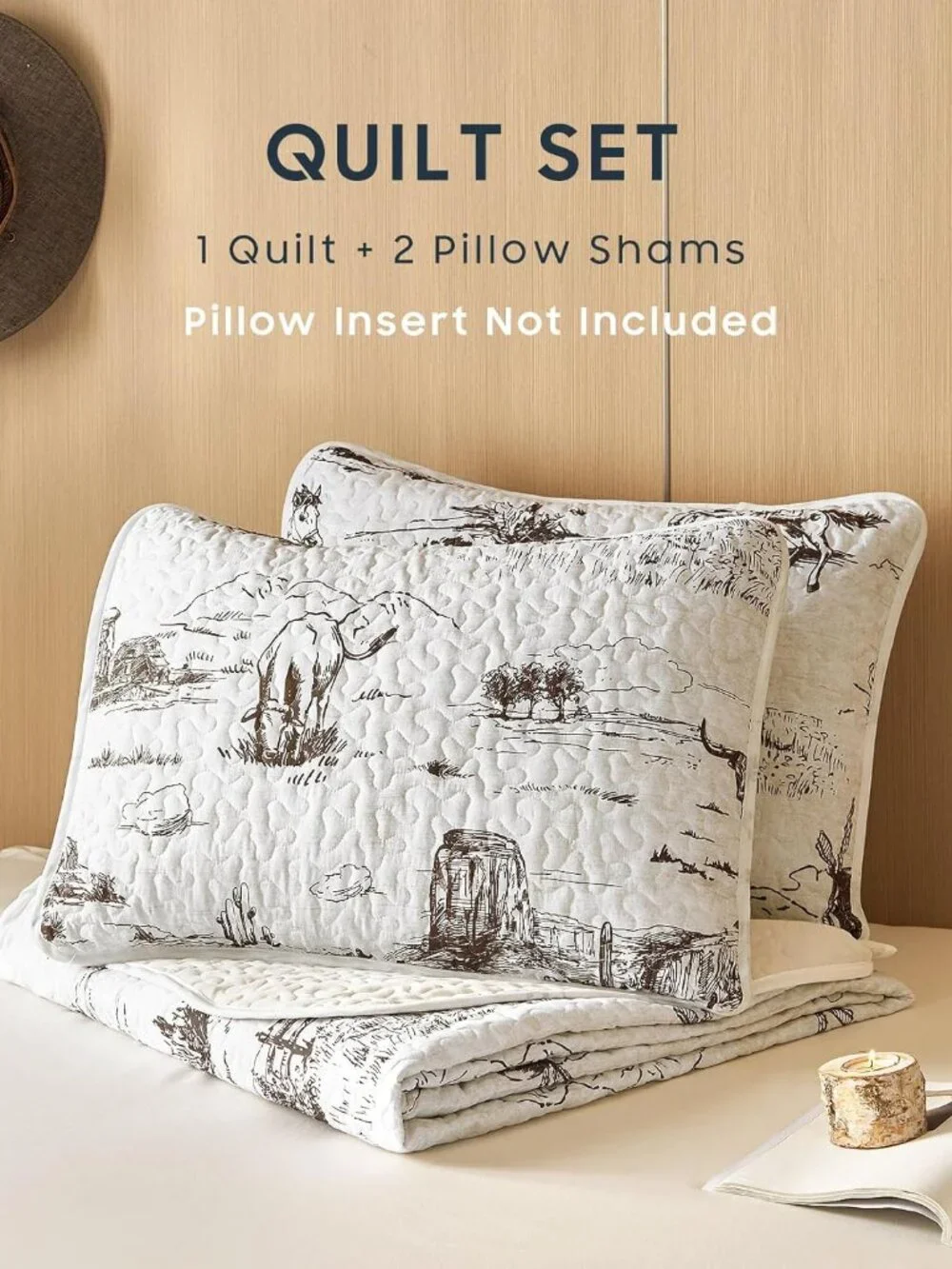 Beige Western Cowboy Quilt Set - 3-Piece Rustic Bedspread